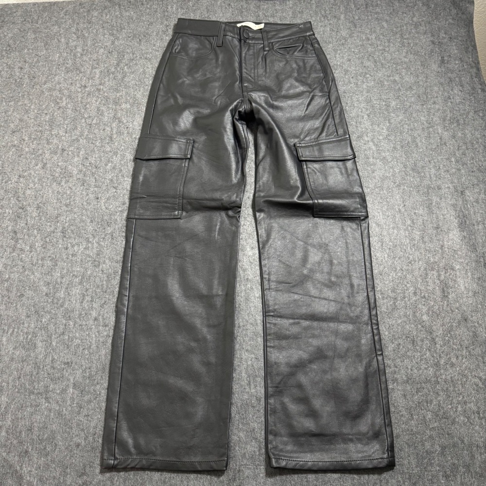 tgla Faux Leather Cargo Pants Black Straight Leg High Rise PW2004578 Size 3/26
